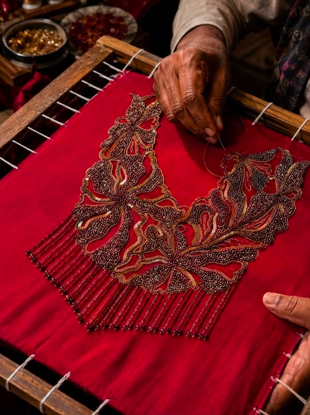 CHAR CHAAND Adda Work Red Velvet Beaded Tassel Embroidery